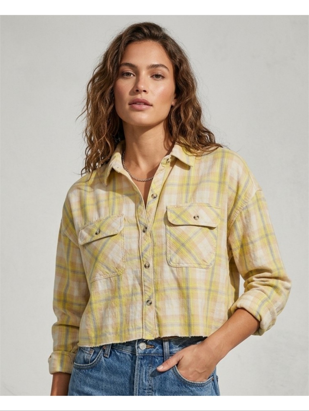 Wild Fable Long Sleeve Cropped Button Down Top Yellow Plaid Size M